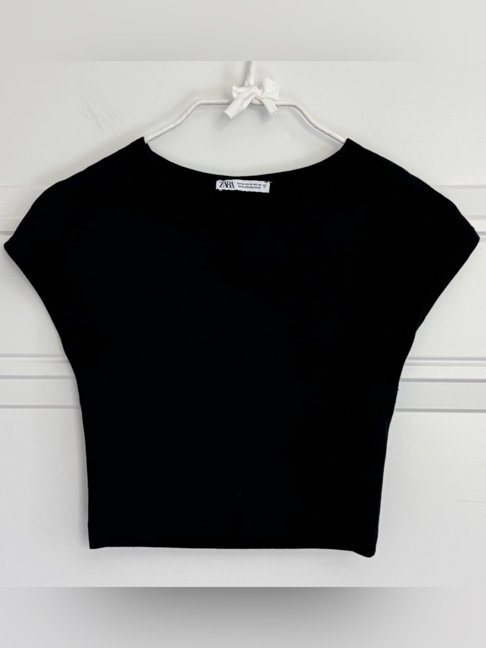 Zara Black Cropped Cap Sleeve Fitted T-Shirt, M
